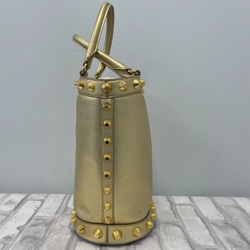 Prada Metallic Gold Saffiano Leather Vernice Studded Bucket Bag - Preowned